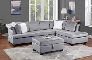 Valenca Grey 3 Piece Sectional with Storage Ottoman Upholstered in Velvet