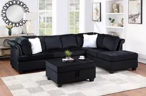Valenca Black 3 Piece Sectional with Storage Ottoman Upholstered in Velvet