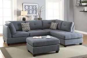 Loures Blue Grey 3-Piece Sectional Sofa with Ottoman Covers in Polyfiber