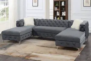 Lausanne U Shape 3-Piece Living Room Set Upholstered in Grey Velvet Fabric