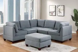Stresa  V Shape 6-Piece Modular Sectional with Ottoman in Grey Linen-Like Fabric