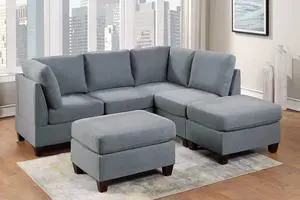 Stresa 6-Piece L Shape Modular Sectional Set in Grey Linen-Like Fabric