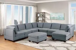 Stresa 9-Piece U Shape Modular Sectional Covers in Grey Linen-Like Fabric