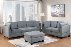 Stresa Grey 6-Piece Modular Sofa, Loveseat with Ottoman in Linen-Like Fabric