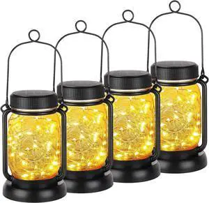 Mlambert 4 Pack Solar Hanging Lantern with Stakes, Outdoor Waterproof Solar Mason Jar Fairy String Lights Decorative Vintage Glass Lamp-Warm White Mlambert 4 Pack Solar Hanging Lantern with Stakes, Outdoor Waterproof Solar Mason Jar Fairy String Lights Decorative Vintage Glass Lamp-Warm White