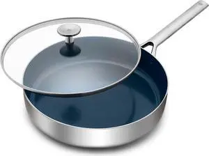 Blue Diamond Cookware Tri-Ply Stainless Steel Ceramic Nonstick, 3.75QT Saute Pan Jumbo Cooker with Lid, PFAS-Free, Multi Clad, Induction, Dishwasher Safe, Oven Safe, Silver