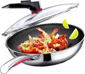 MEGOO 12.6" Stainless Steel Nonstick Wok Pan with Lid-Honeycomb Stir-Fry Skillet for Gas,Induction Electric Stovetops - Dishwasher Safe,PFOA/PFA-Free