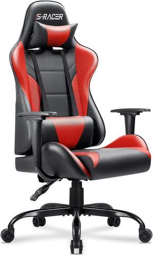 Homall Office Gaming Chair Carbon PU Leather Reclining Black Racing Style, Executive Ergonomic Hydraulic Swivel Seat with Headrest and Lumbar Support (Red)