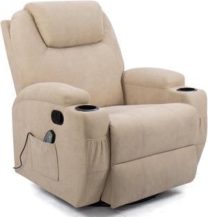 Homall Fabric Massage Recliner Chair Ergonomic Rocking Chair 360 Degree Swivel Single Sofa with 2 Cup Holders and Side Pockets Living Room Chair Home Theater Seat with Heated Function (Beige)