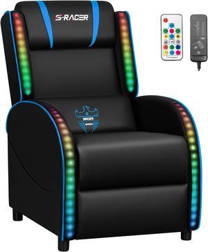 Homall RGB LED Lights Gaming Massage Recliner Chair Racing Style Single Living Room Sofa  Ergonomic Home Theater Seating with Massage Lumbar Support, BLUE