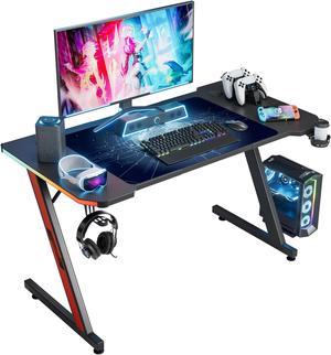 Homall 55 Inches Z-Shaped Gaming Desk with RGB Lights, Carbon Fiber Desk Office Desk with Large Mouse Pad, Cup-Holder & Headphone Hook, Black