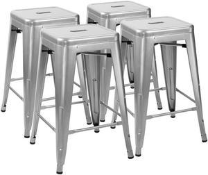 Furmax 24'' Metal Stools High Backless Silver Metal Indoor-Outdoor Counter Height Stackable Bar Stools Set of 4 (Silver)