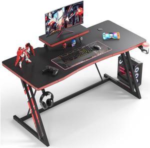 Furmax 55 inch Gaming Desk Z Shaped PC Gaming Table with Carbon Fiber Surface Computer Desk Gamer Workstation with Monitor Shelf, Cup Holder and Headphone Hook for Home Office (Black)