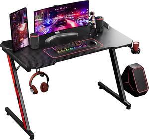 Furmax 44 Inches Z Shaped Computer Gaming Desk Carbon Fiber Surface Desk with Cup Holder & Headphone Hook, Black