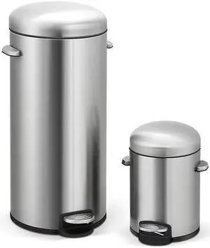 8 Gallon and 1.3 Gallon Step-On Stainless Steel Wastebaskets with Lids