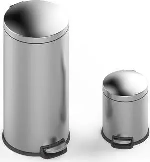 8 Gallon and 1.3 Gallon Step-On Stainless Steel Wastebaskets with Lids