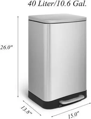 10.6 Gal./40 Liter Stainless Steel Rectangular Step-on Trash Can for Kitchen