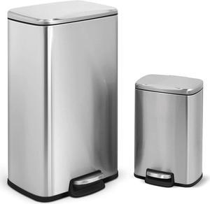 Mega Casa 8 Gal./30 Liter and 1.3 Gal./5 Liter Rectangular Stainless Steel Step-on Trash Can Set for Kitchen and Bathroom