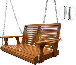 Wooden Porch Swing 2-Seater Bench Swing with Cupholders Hanging Chains and 7mm Springs Heavy Duty 800 LBS for Outdoor Patio Garden Yard (Brown)