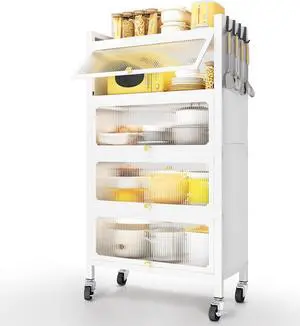 56.2" Tall Kitchen Storage Cabinet, 5 Tier Pantry Cabinet, 4 Door Accent Cabinet, White