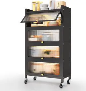 56.2" Tall Kitchen Storage Cabinet, 5 Tier Pantry Cabinet, 4 Door Accent Cabinet, Black
