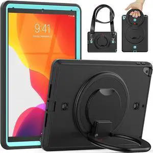 Kids Case for iPad 9th/8th/7th Generation 10.2 Inch, Sturdy Heavy Duty Full-Body Protective Case with 360° Rotating Handle Grip, Built-in Screen Protector and Shoulder Strap, Black/Light Blue