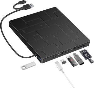 External DVD Drive, USB 3.0 Type-C DVD Player with 4 USB Ports and SD Readers for Laptop, Portable Disk Drive CD ROM Writer Burner Compatible with Laptop Desktop PC Windows MacBook Mac Linux Mac OS