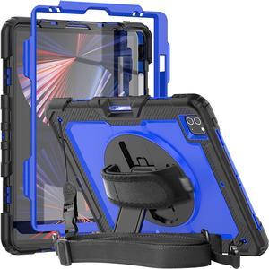 Case Compatible with iPad Pro 12.9 2022/2021/2020 with Screen Protector Pencil holder |  3 Layer Heavy Duty Rugged Protective Case W/360 Rotating Stand Strap for iPad Pro 12.9 6th/5th/4th | Blue