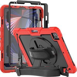 iPad Pro Case 12.9 Inch 2022/2021/2020 with Pencil Holder |  iPad Pro 12.9 6th/5th/4th Gen Case | Heavy Duty Shockproof Rubber Case with Stand Hand Grip Shoulder Strap Screen Protector | Red