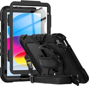 iPad 10th Generation Case 10.9 Inch with Screen Protector Pen Holder | iPad 10 Case A2757/A2777| Heavy Duty Shockproof Rugged Protective Case W/Handle Shoulder Strap for iPad 10th Gen | Black