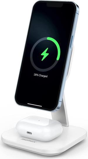 MOMAX Magsafe Charger, 20W 2 in 1 Magnetic Wireless Charger Stand Charging Station only for iPhone 14/14 Max/14Pro/14Pro Max/13/13 Pro/13 Pro Max/12 series,AirPods 2/3/with USB-C Cable (No AC Adapter)