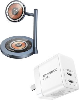 MOMAX Wireless Charger Stand, Transparent Wireless Magnetic Charger with Magnetic Base, GaN Charger, Dual Port 35W USB C GaN Charger with Foldable Plug, Compact PD3.0 Charger, High Power Wall Charger