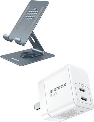 MOMAX iPad Stand for Desk, 360°Rotating iPad Swivel Stand for Writing, GaN Charger, 35W USB C GaN Charger with Foldable Plug, Wall Charger for Laptops, MacBook, iPhone 14/Max/Pro/Pro Max