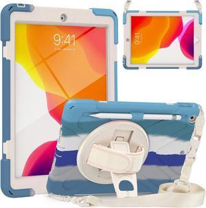 iPad 9th Generation Case, iPad 8th/7th Generation 10.2 Case with Pencil Holder Kickstand Hand Strap and Shoulder Strap Rugged Case for iPad 10.2 inch 2021/2020/2019, Colorful Blue