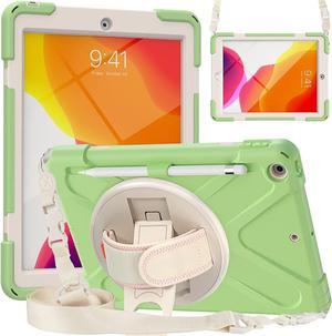 iPad 9th Generation Case, iPad 8th/7th Generation 10.2 Case with Pencil Holder Kickstand Hand Strap and Shoulder Strap Rugged Case for iPad 10.2 inch 2021/2020/2019, Matcha Green