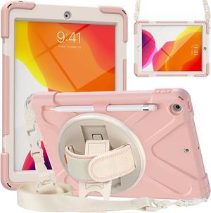 iPad 9th Generation Case, iPad 8th/7th Generation 10.2 Case with Pencil Holder Kickstand Hand Strap and Shoulder Strap Rugged Case for iPad 10.2 inch 2021/2020/2019, Sakura Pink