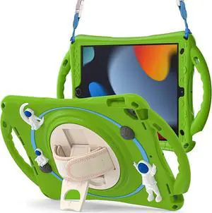 Kids Case for iPad 9th 8th 7th Generation 10.2'' 2021 2020 2019/iPad Air 10.5 /Pro 10.5, Shockproof Silicone Case with Stand Shoulder Strap Hand Strap Handle Grip Pencil Holder, Grass-Green