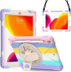 iPad 9th Generation Case, iPad 8th/7th Generation 10.2 Case with Pencil Holder Kickstand Hand Strap and Shoulder Strap Rugged Case for iPad 10.2 inch 2021/2020/2019, Colorful Pink