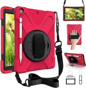 iPad 9th Generation Case, iPad 8th/7th Generation 10.2 Case with Pencil Holder Kickstand Hand Strap and Shoulder Strap Rugged Shockproof Case for iPad 10.2 inch 2021/2020/2019,Red