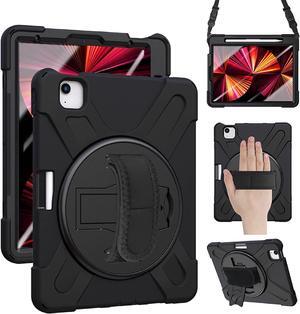 iPad Air 5th Generation Case 2022, iPad Air 4th Generation 10.9 inch Case with Pencil Holder Stand Hand Strap Shoulder Belt Shockproof Case for iPad 10.9/ iPad Pro 11 2020/2018,Black