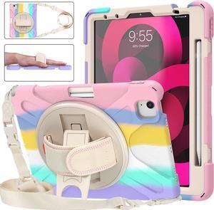 iPad Air 5th Generation Case 2022, iPad Air 4th Generation Case 2020, iPad 10.9 inch Case with Pencil Holder Stand Hand Strap Shoulder Belt Shockproof Case(pinkanole)