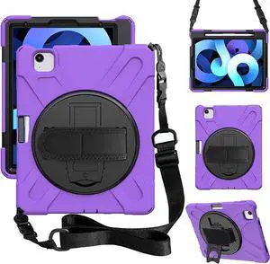 iPad Air 5th Generation Case 2022, iPad Air 4th Generation 10.9 inch Case with Pencil Holder Stand Hand Strap Shoulder Belt Shockproof Case for iPad 10.9/ iPad Pro 11 2020/2018,Purple