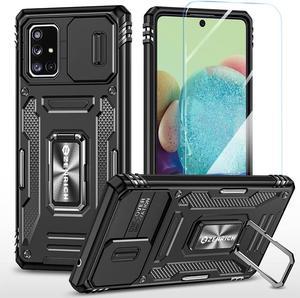 Rugged Case for Samsung Galaxy A71 5G with Tempered Glass Screen Protector, Slide Camera Cover & Kickstand Case Dual Layer Military Grade Protective with Magnetic Holder, Black