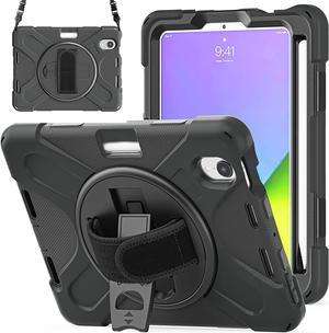 New iPad Mini 6 Case 2021, Heavy Duty Shockproof Rugged Mini 6 Case A2567/A2568/A2569 with Pencil Holder Kickstand Hand Strap Carrying Shoulder Belt for iPad Mini 6 Tablet,Black