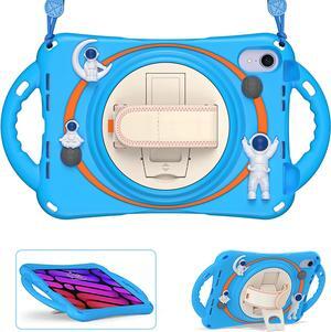Kid Case for New iPad Mini 6(8.3 inch 2021), Shockproof Silicone Mini 6 Case A2567/A2568/A2569 with Pencil Holder+Kickstand+Hand Strap+Shoulder Belt Handle Grip, Light Blue