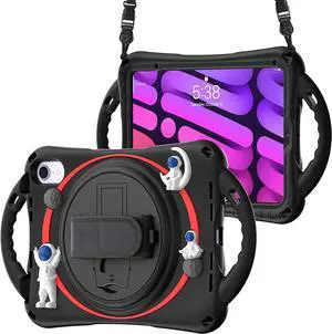 Kid Case for New iPad Mini 6(8.3 inch 2021), Shockproof Rubber Mini 6 Case A2567/A2568/A2569 with Pencil Holder+Kickstand+Hand Strap+Shoulder Belt Handle Grip,Black