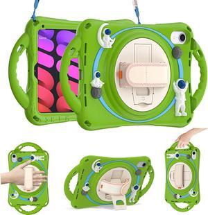 Kid Case for New iPad Mini 6(8.3 inch 2021), Shockproof Silicone Mini 6 Case A2567/A2568/A2569 with Pencil Holder+Kickstand+Hand Strap+Shoulder Belt Handle Grip, Glass Green