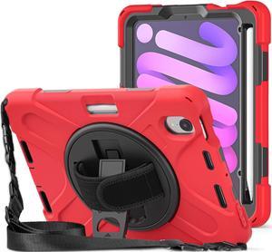 New iPad Mini 6 Case 2021, Heavy Duty Shockproof Rugged Mini 6 Case A2567/A2568/A2569 with Pencil Holder Kickstand Hand Strap Carrying Shoulder Belt for iPad Mini 6 Tablet,Red