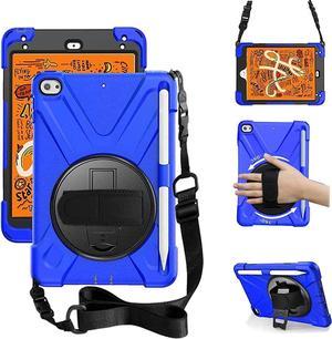 iPad Mini 5 Case 2019 iPad Mini 4 Case 2015 Heavy Duty Shockproof Rugged Case with Pencil Holder 360 Degree Kickstand Hand Strap Carrying Shoulder Belt for iPad 7.9 inches Tablet, Blue