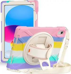 iPad 10th Generation Case 10.9'' 2022 New Released, iPad 10th Generation 10.9 Rugged Shockproof Case with Pencil Holder Kickstand Hand Strap and Shoulder Strap, Colorful Pink